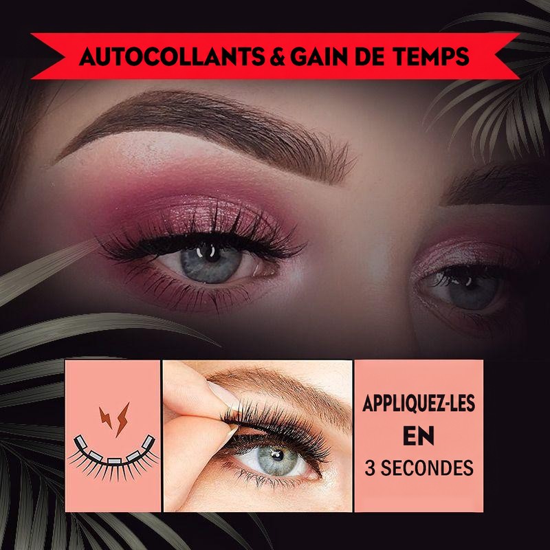 Œil au maquillage rose scintillant et cils posés, avec un gros plan sur le geste d'application rapide et un schéma des bandes adhésives. 8