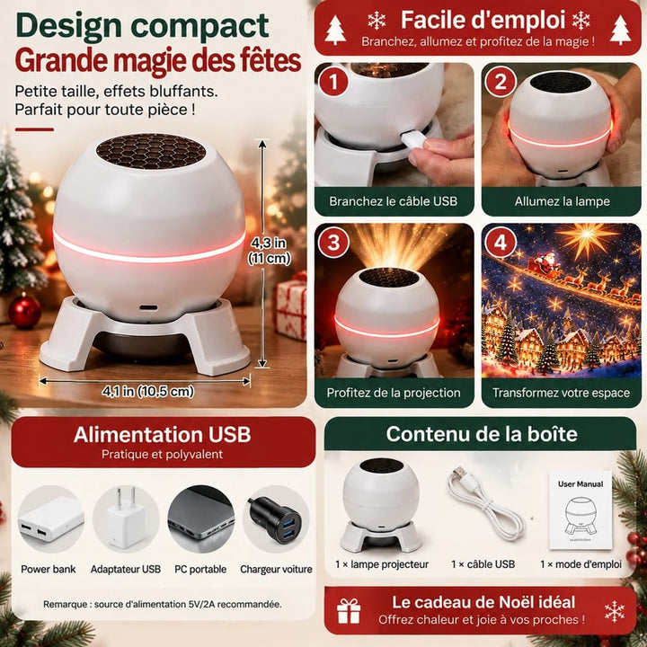 Fiche pratique du projecteur blanc sphérique : dimensions, étapes d'utilisation, alimentation USB et contenu du coffret 1