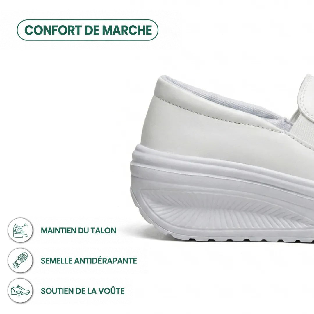 Gros plan sur le talon et la semelle antidérapante blanche, avec icônes de soutien du talon et de la voûte 13