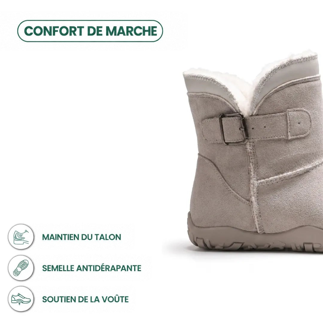 Détail de la boucle et du talon de la botte gris clair fourrée, avec pictos de confort 31