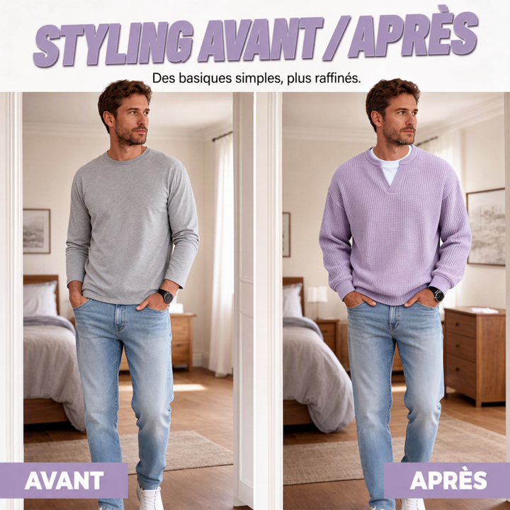 Comparaison avant-après : à gauche un pull gris uni, à droite le haut en maille gaufrée lilas porté avec un jean. 2