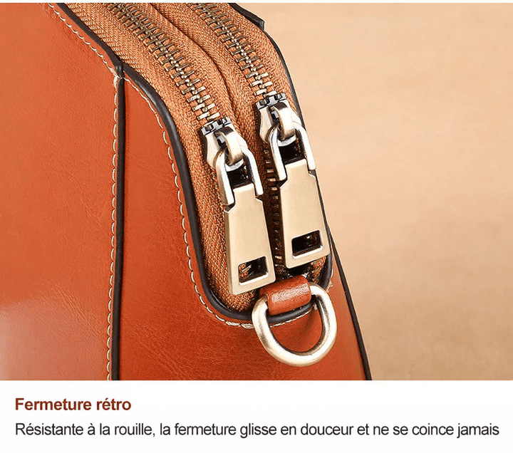 Gros plan sur les deux curseurs de fermeture éclair de style rétro et l'anneau métallique du sac brun roux 13