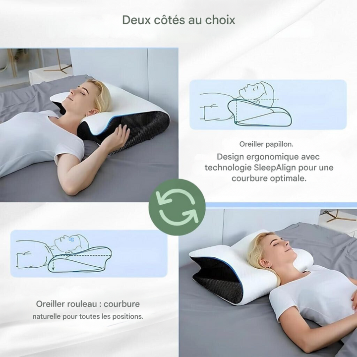 Oreiller réversible montré sur ses deux faces, avec une femme allongée et des schémas des deux courbures 9