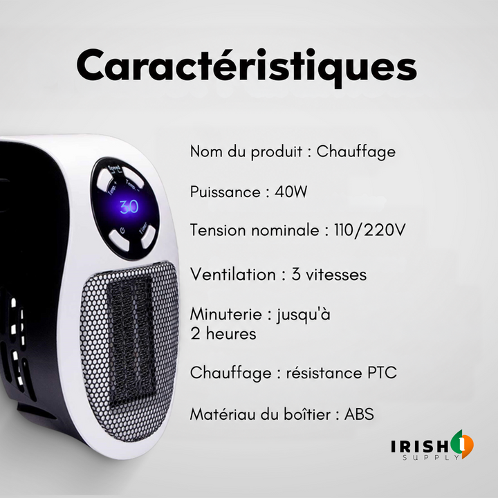 Chauffage vu de côté à gauche, avec liste des caractéristiques techniques inscrite à droite 8