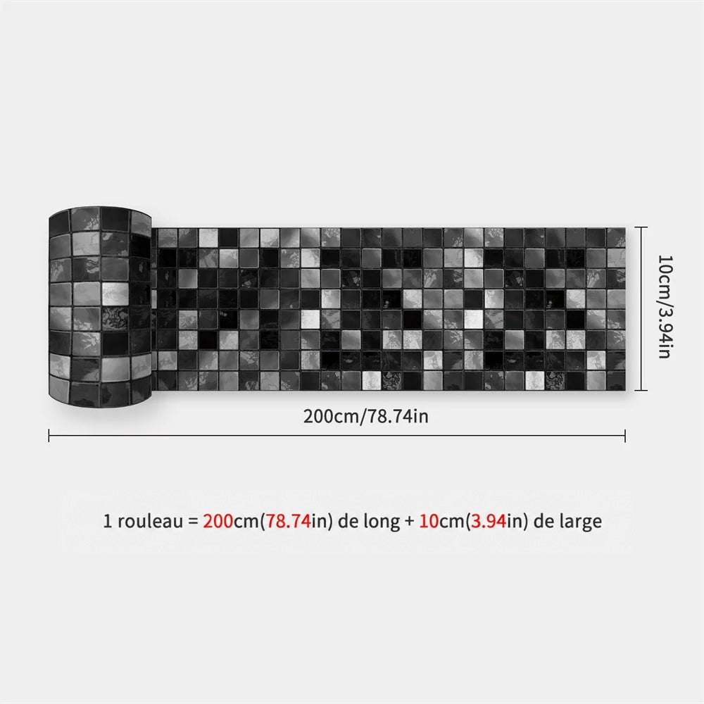 Rouleau de bande à motif mosaïque noir, gris et blanc, déroulé avec ses dimensions de 10 x 200 cm 61