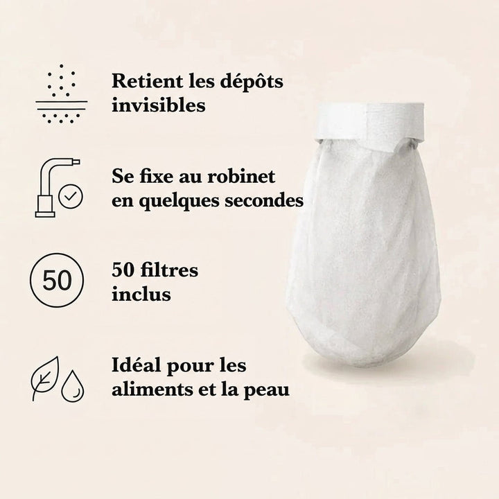 Capuchon filtrant blanc posé seul sur fond beige, accompagné d'une liste d'icônes présentant ses principaux avantages. 5