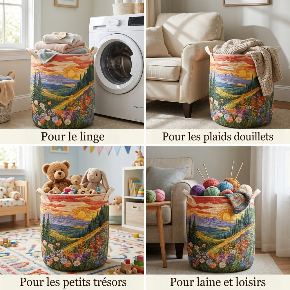 Quatre mises en situation du panier : à côté d'un lave-linge, avec un plaid, rempli de peluches, rempli de pelotes de laine. 2