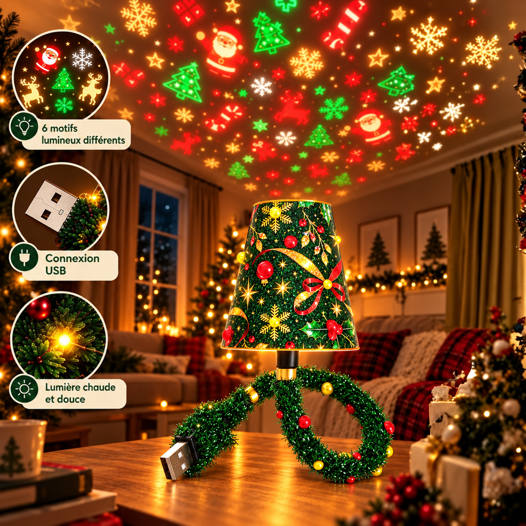 Projecteur posé sur une table dans un salon décoré, projetant au plafond des motifs de Noël rouges, verts et dorés, avec trois gros plans. 2