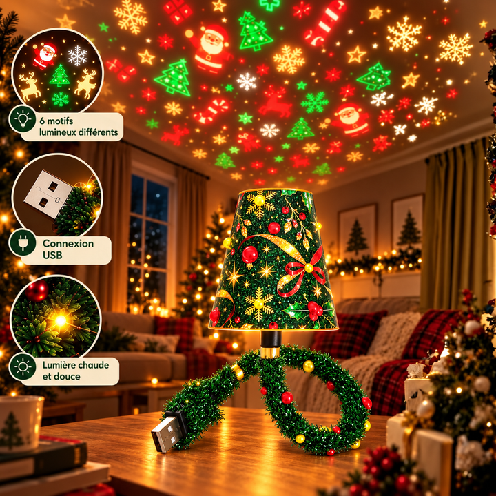 Projecteur posé sur une table dans un salon décoré, projetant au plafond des motifs de Noël rouges, verts et dorés, avec trois gros plans. 2