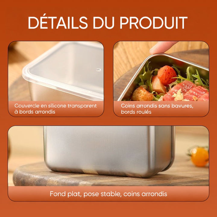 Trois gros plans : couvercle transparent aux bords arrondis, bord roulé sans arêtes vives avec salade, et fond plat posé sur une planche en bois. 7