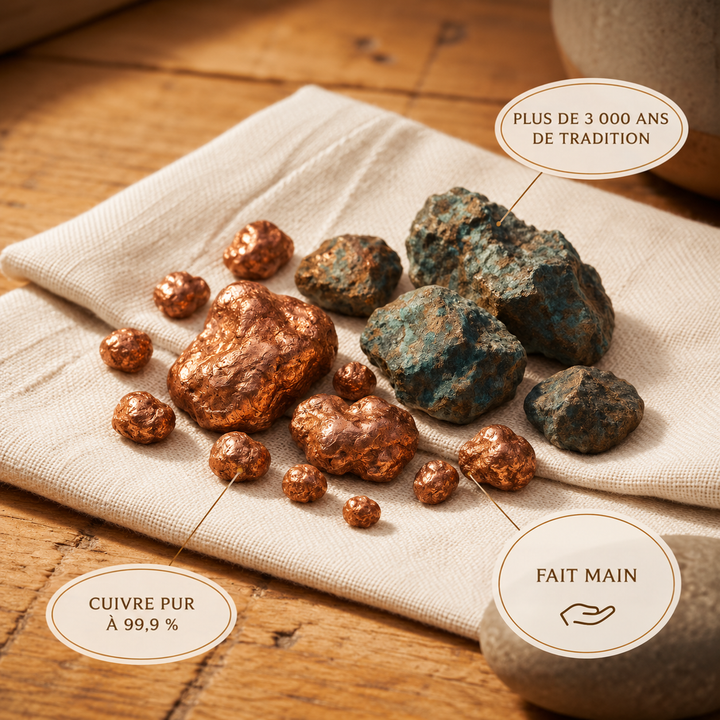 Pépites de cuivre brillant et roches de minerai bleu-vert disposées sur un tissu de lin clair 5