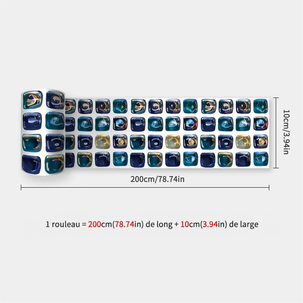 Rouleau de bande à carreaux bombés bleu marine, turquoise et ambrés, dimensions affichées 24