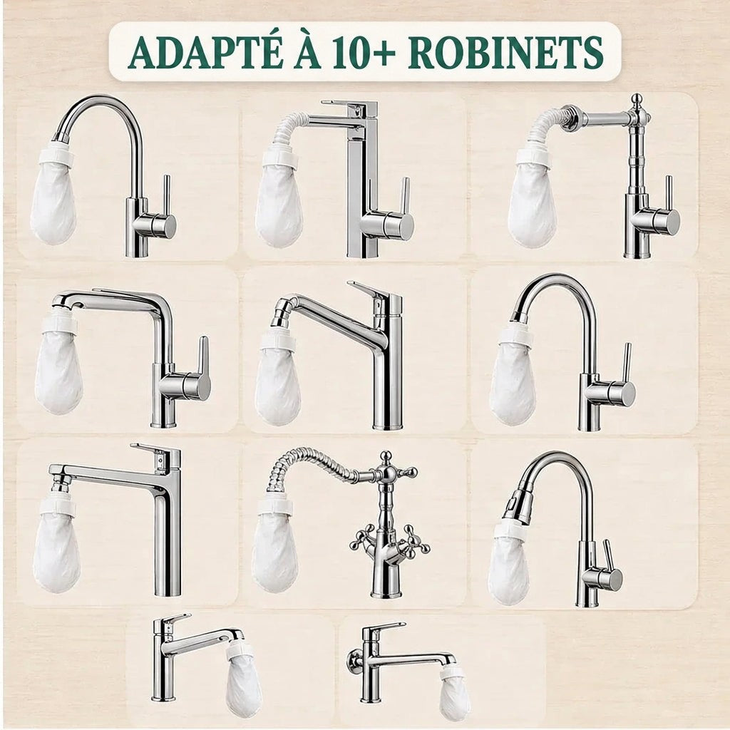 Planche de onze modèles de robinets différents, chacun équipé d'un capuchon filtrant blanc fixé au bec. 6