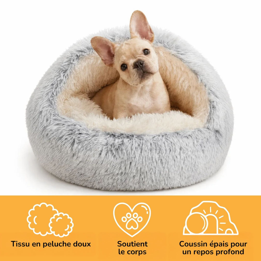 Chiot bouledogue français, tête penchée, dans le panier gris sur fond blanc, avec trois pictogrammes néerlandais sur les atouts du coussin. 4