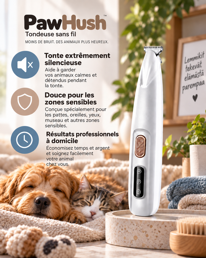 Tondeuse blanche sur un socle en pierre, avec un chien et un chat endormis et trois pictogrammes 2