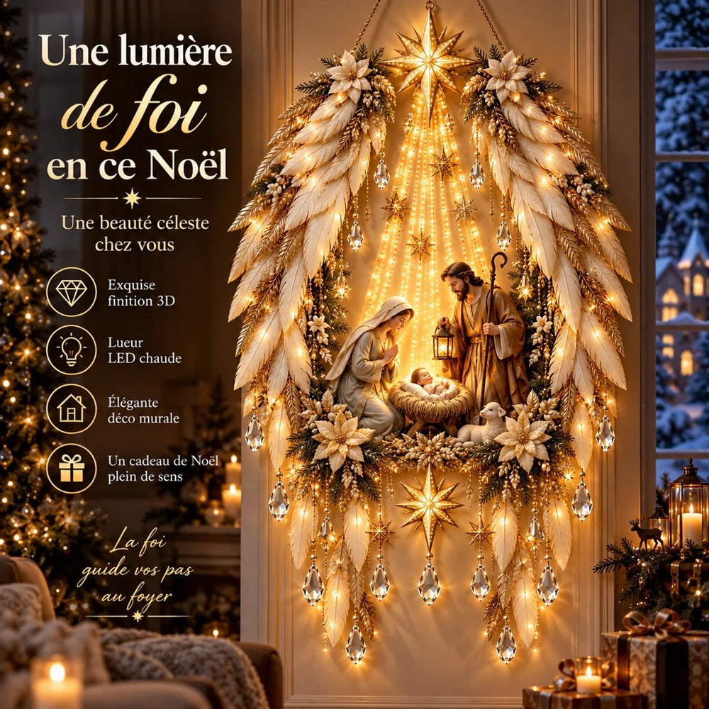 Version ovale ornée de grandes plumes blanches et de pendentifs en cristal entourant une crèche éclairée 2