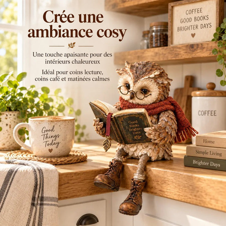 Chouette posée sur un plan de travail en bois clair d'un coin café, à côté d'un mug, d'un torchon rayé et d'un bocal. 6