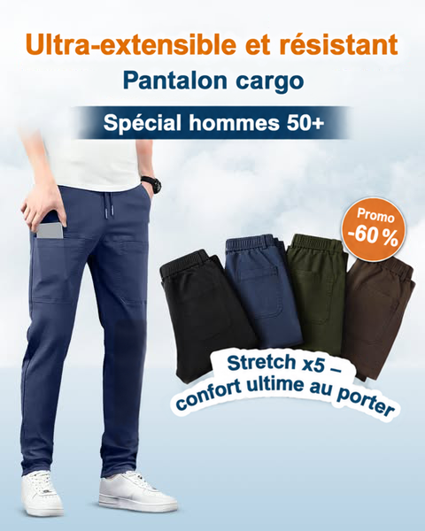 Visuel promotionnel d'un pantalon bleu porté par un homme, avec quatre pantalons pliés de couleurs différentes 2
