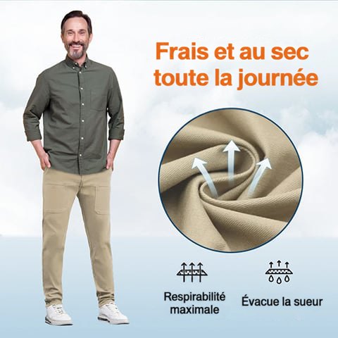 Homme souriant en chemise verte et pantalon beige, avec un gros plan sur le tissu respirant 12