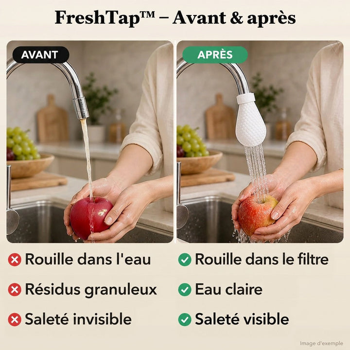 Comparaison avant et après : une pomme lavée sous l'eau trouble à gauche, puis sous l'eau claire passant par le capuchon à droite. 9