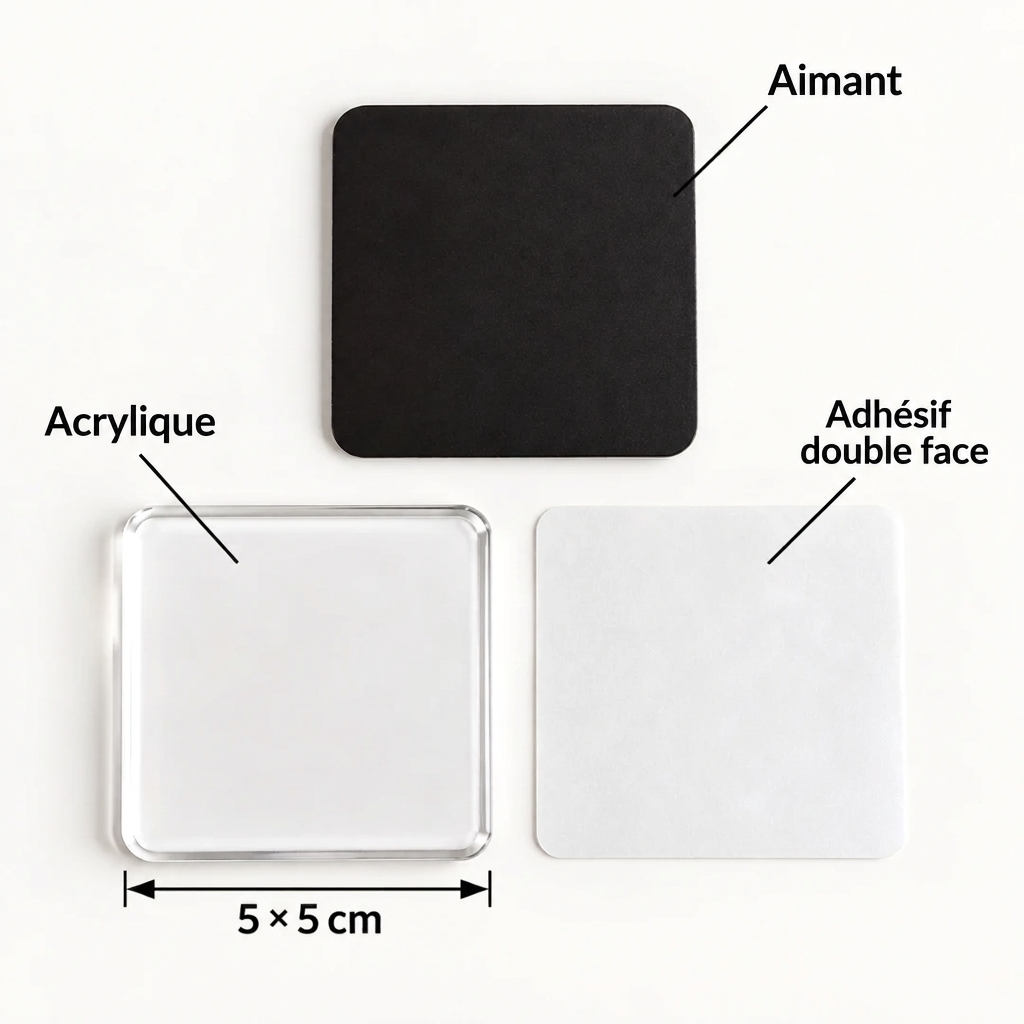Les trois composants à plat sur fond blanc : acrylique carré de 5 cm, aimant noir, adhésif double face 8