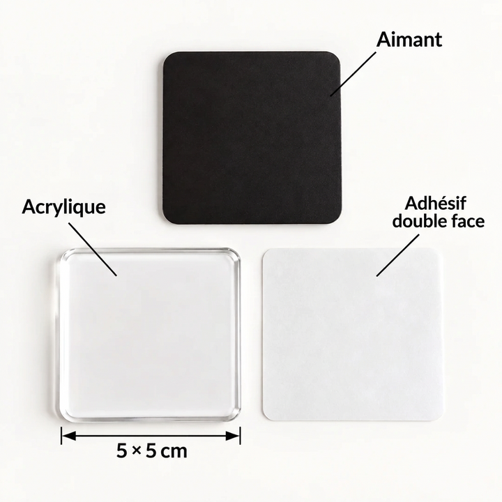 Les trois composants à plat sur fond blanc : acrylique carré de 5 cm, aimant noir, adhésif double face 8