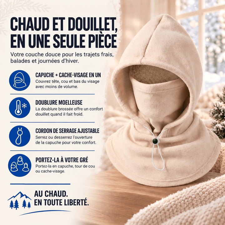 Cagoule beige posée sur un plateau en bois dans un décor d'hiver, avec pictogrammes des atouts 2