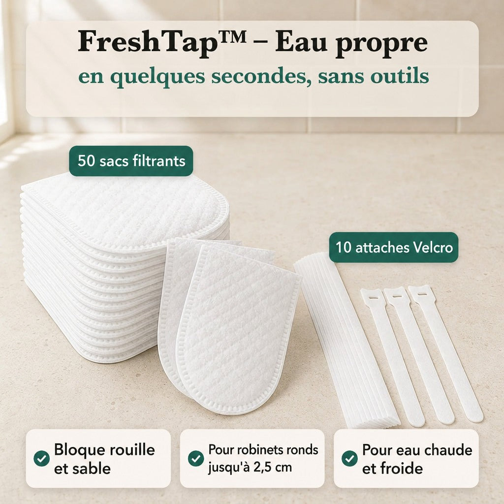 Pile de capuchons filtrants blancs avec deux capuchons posés devant et dix bandes à scratch blanches, disposés sur un plan de travail clair. 1