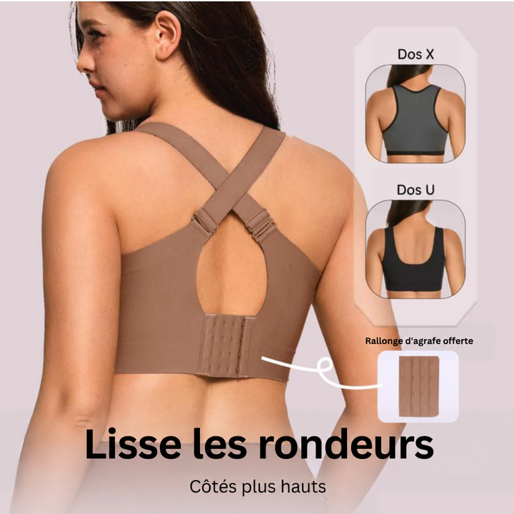 Dos croisé du modèle brun porté, fermeture à crochets réglables, avec comparaison dos en X et dos en U 13
