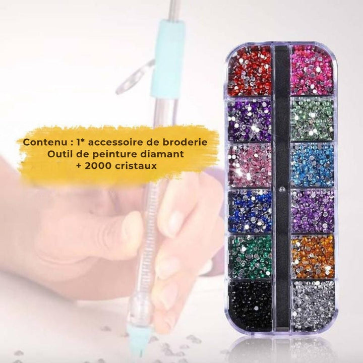Stylo applicateur tenu en main à côté d'un boîtier compartimenté de strass multicolores 6