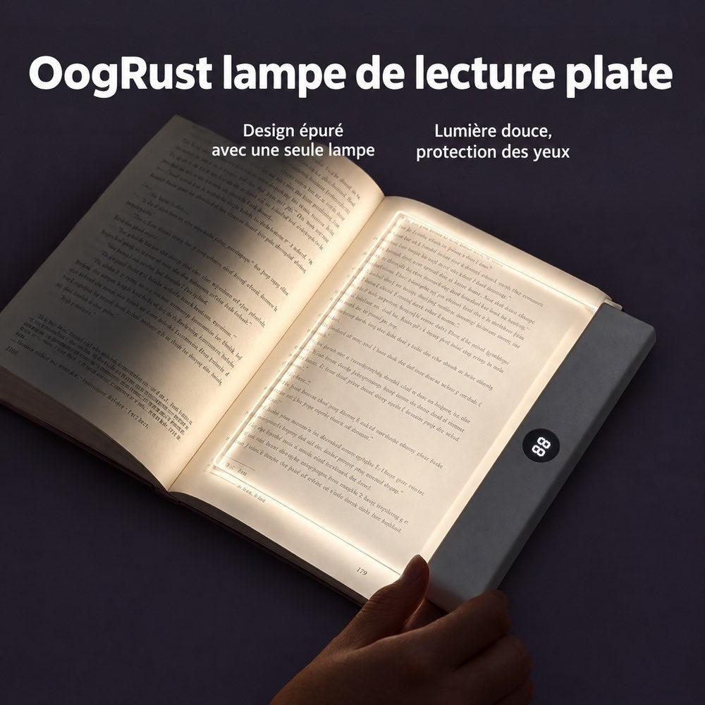Panneau lumineux posé sur la page droite d'un livre ouvert, tenu d'une main, avec écran numérique 1