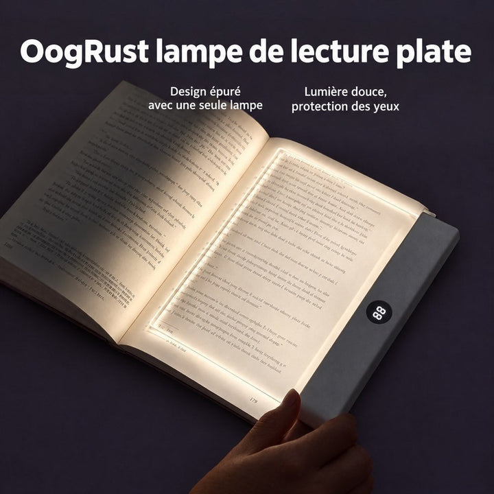 Panneau lumineux posé sur la page droite d'un livre ouvert, tenu d'une main, avec écran numérique 1