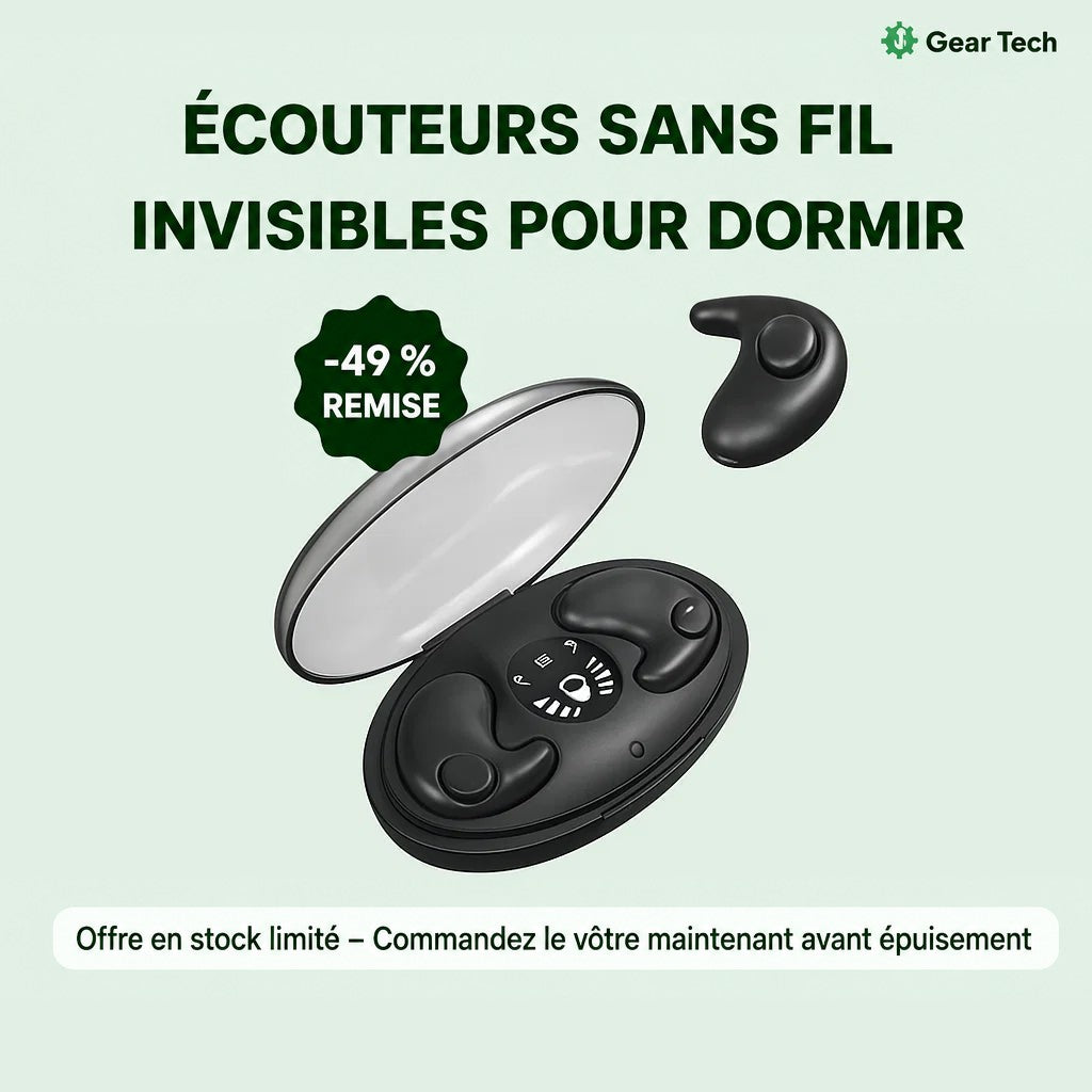Boîtier de charge noir ovale ouvert avec deux écouteurs noirs et un troisième posé au-dessus 8