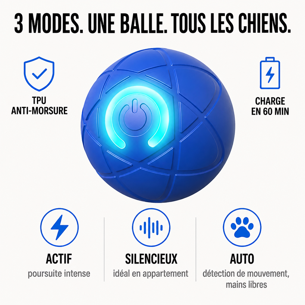 Boule bleue lumineuse entourée de pictogrammes illustrant sa résistance, sa charge rapide et ses trois modes de jeu 5