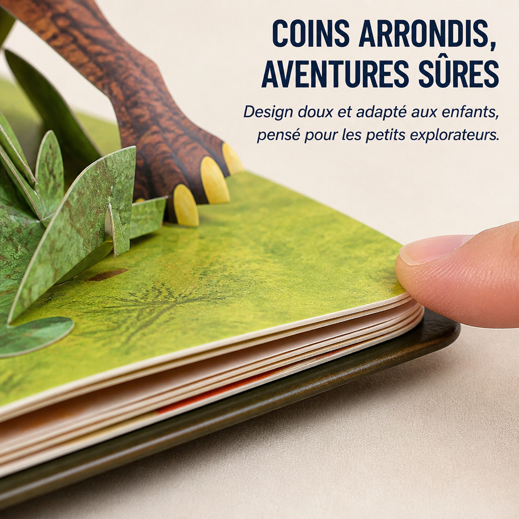 Gros plan sur le coin arrondi d'une page épaisse, avec une patte de dinosaure en relief 5