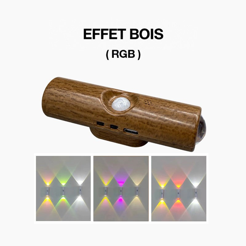 Lampe à effet bois foncé avec détecteur et prise USB-C, et trois exemples d'éclairage multicolore 6