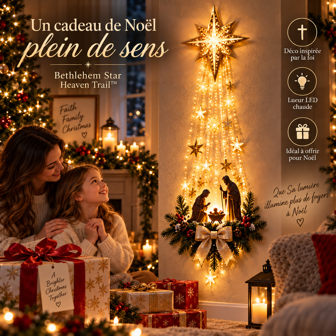 Décoration murale allumée dans un salon de Noël, avec une mère et sa fille souriantes devant des cadeaux 3