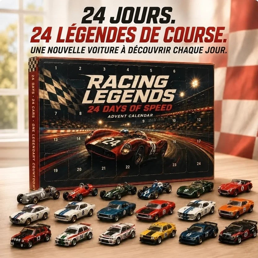 Calendrier de voitures de course posé sur une table, avec dix-huit voitures de compétition miniatures numérotées devant la 12