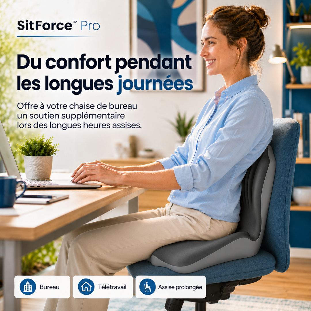 Femme travaillant sur ordinateur portable, assise sur une chaise de bureau bleue avec le coussin 8