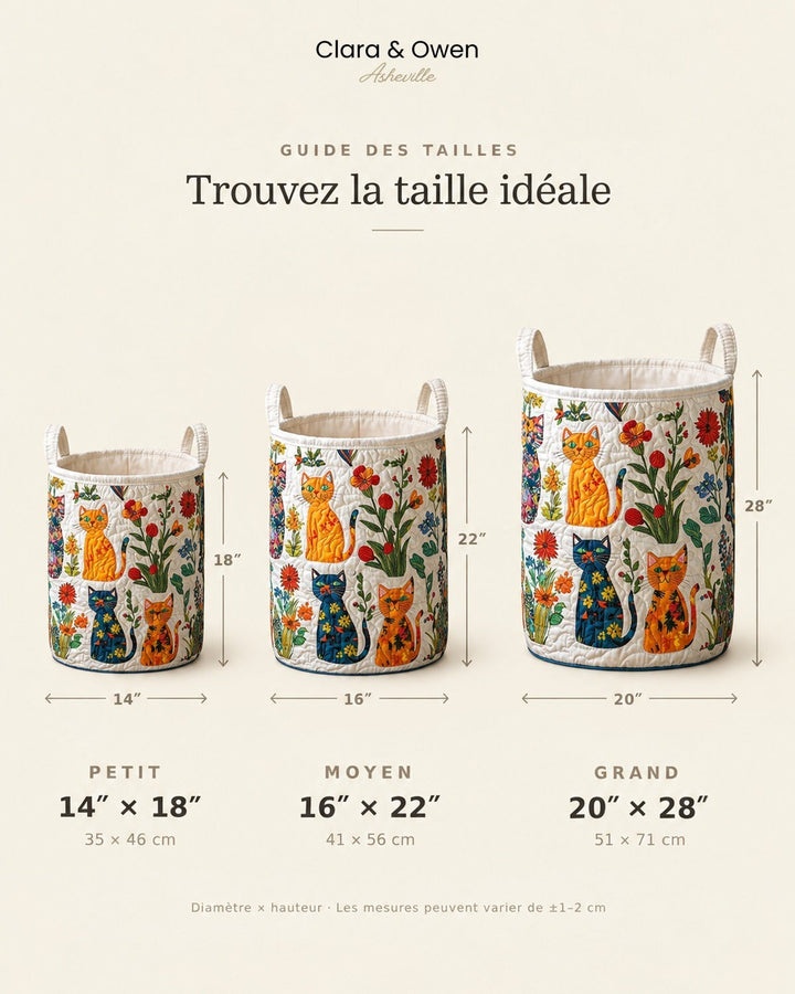 Comparatif des trois tailles du panier, petit, moyen et grand, côte à côte avec leurs dimensions en pouces et en centimètres. 5