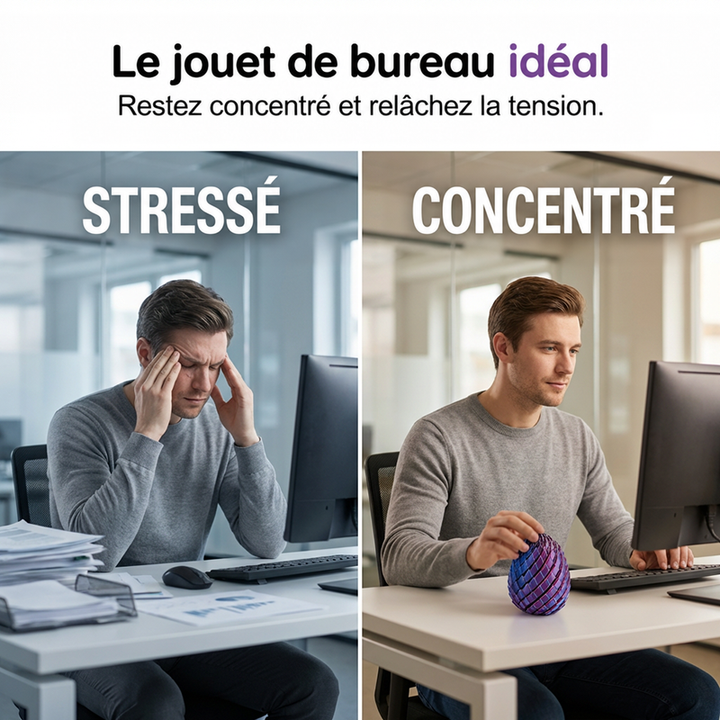 Comparaison de deux bureaux : un homme stressé la tête dans les mains, puis le même concentré tenant l'œuf violet. 2