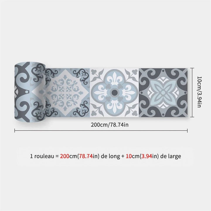 Rouleau déroulé de bande à carreaux de ciment bleu clair, gris et blanc, avec dimensions indiquées 20