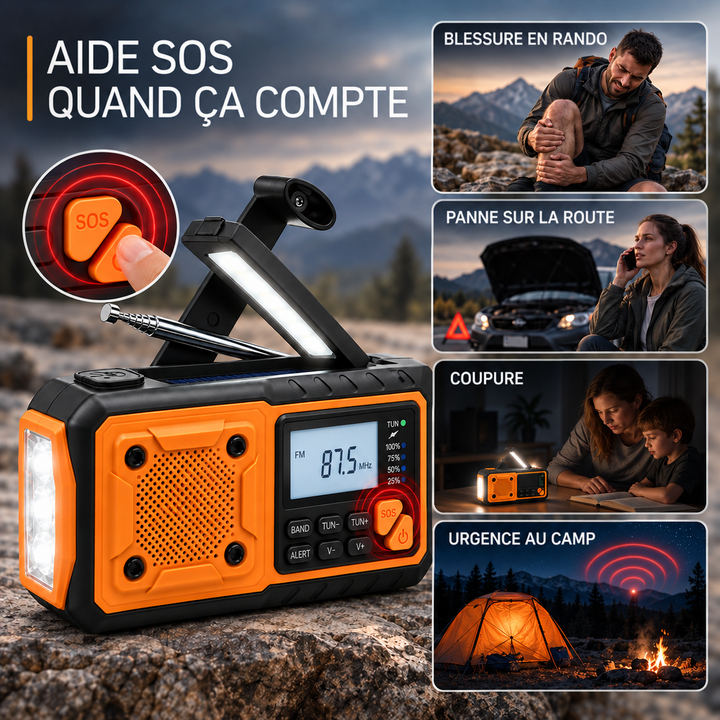 Radio avec gros plan sur le bouton SOS, et quatre scènes: blessure en randonnée, panne de voiture, coupure de courant, camp 8