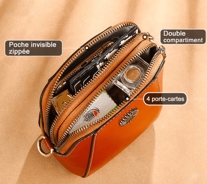 Vue du dessus du sac brun roux ouvert, montrant deux compartiments zippés remplis d'objets 10