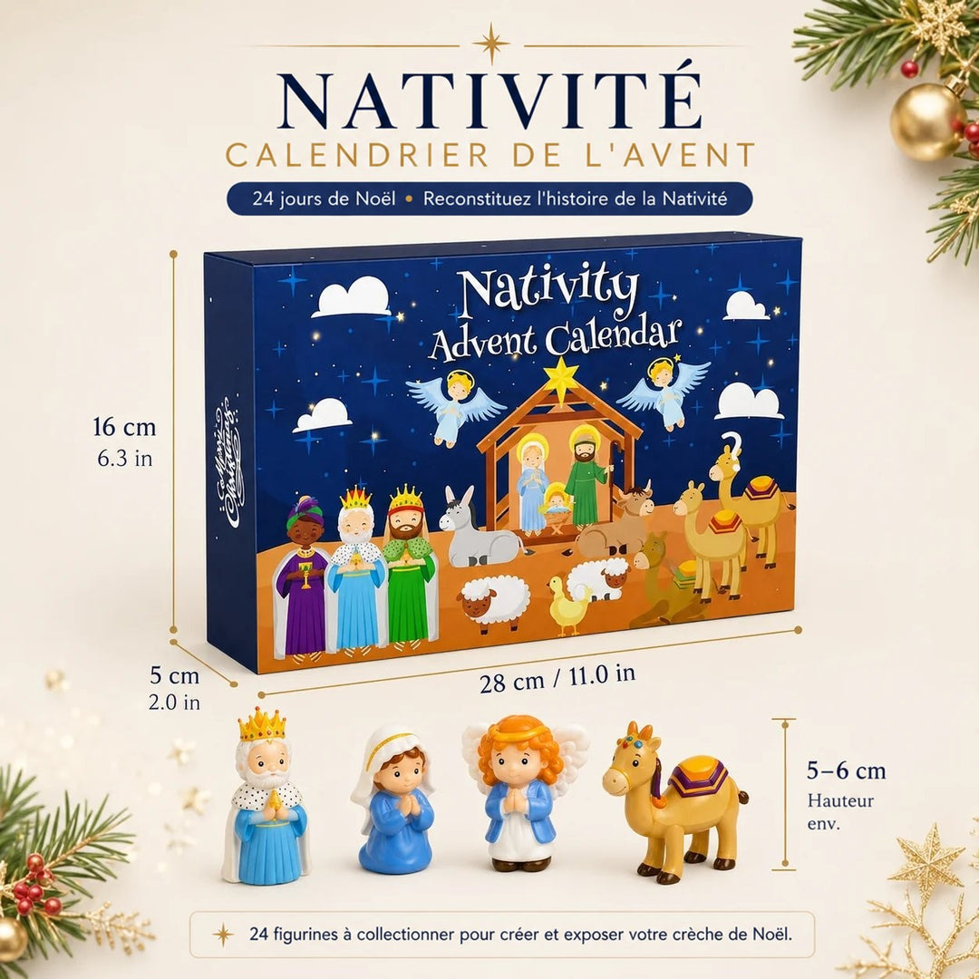 Visuel avec les dimensions de la boîte et la taille approximative des figurines, quatre pièces au premier plan 7