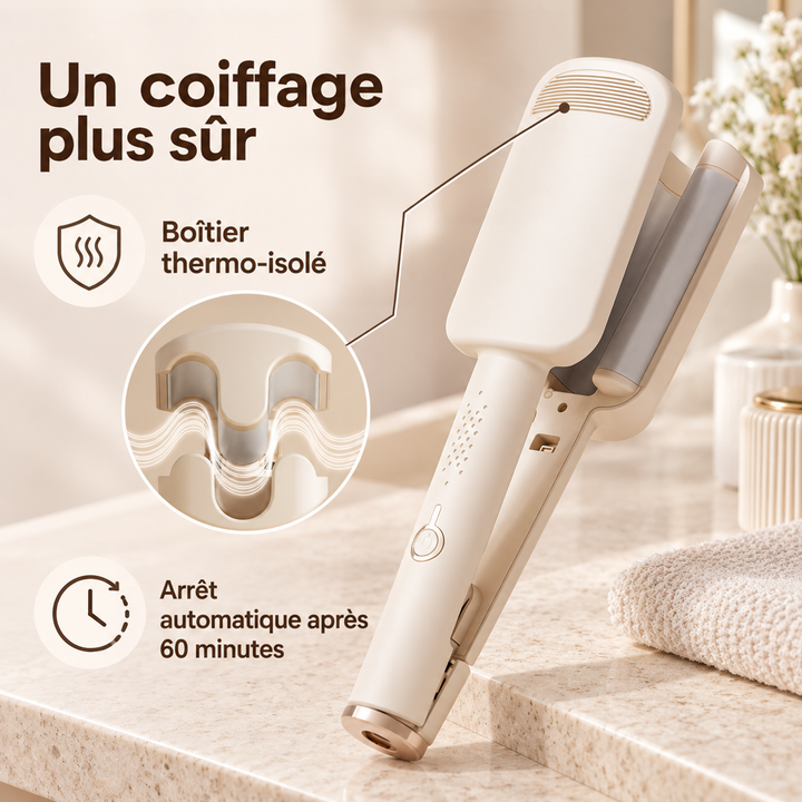 Fer à onduler beige sur un plan de salle de bain, avec gros plan sur le boîtier isolant 13