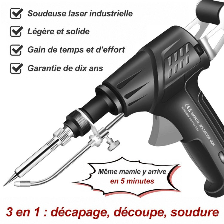 Pistolet noir avec sa panne et son tube d'alimentation, entouré d'une liste d'avantages cochés 11
