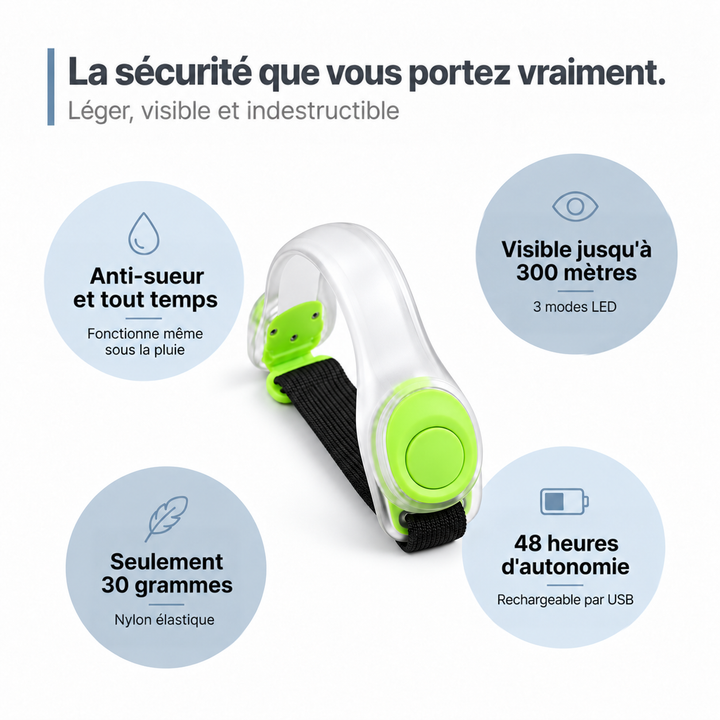 Brassard vert posé sur fond blanc, entouré de quatre bulles résumant ses atouts 9