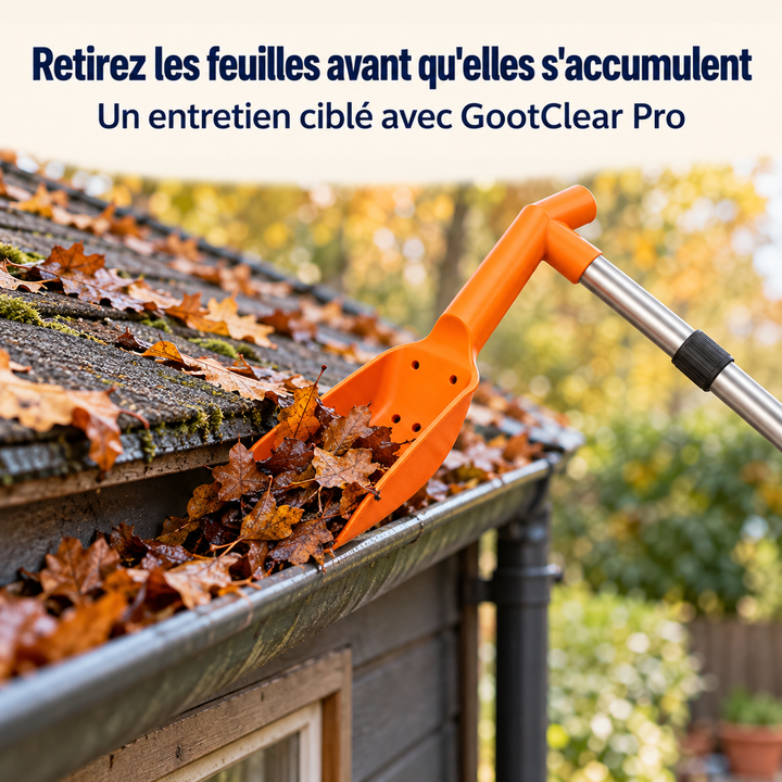 Gros plan de la pelle orange qui retire des feuilles mortes accumulées dans une gouttière 7