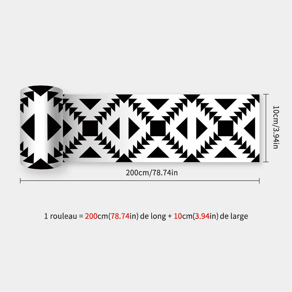 Rouleau à motif géométrique noir et blanc de triangles et losanges, avec dimensions affichées 48